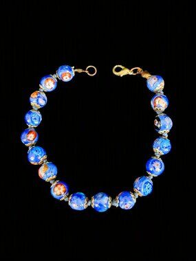 Vintage 1970s Murano Glass Wedding Cake Bead Bracelet 8" Cobalt Blue